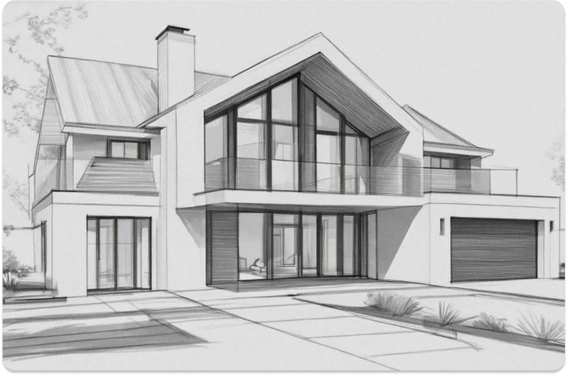 Dessin architectural en noir et blanc d'une maison contemporaine à étages avec grandes baies vitrées et volumes imbriqués