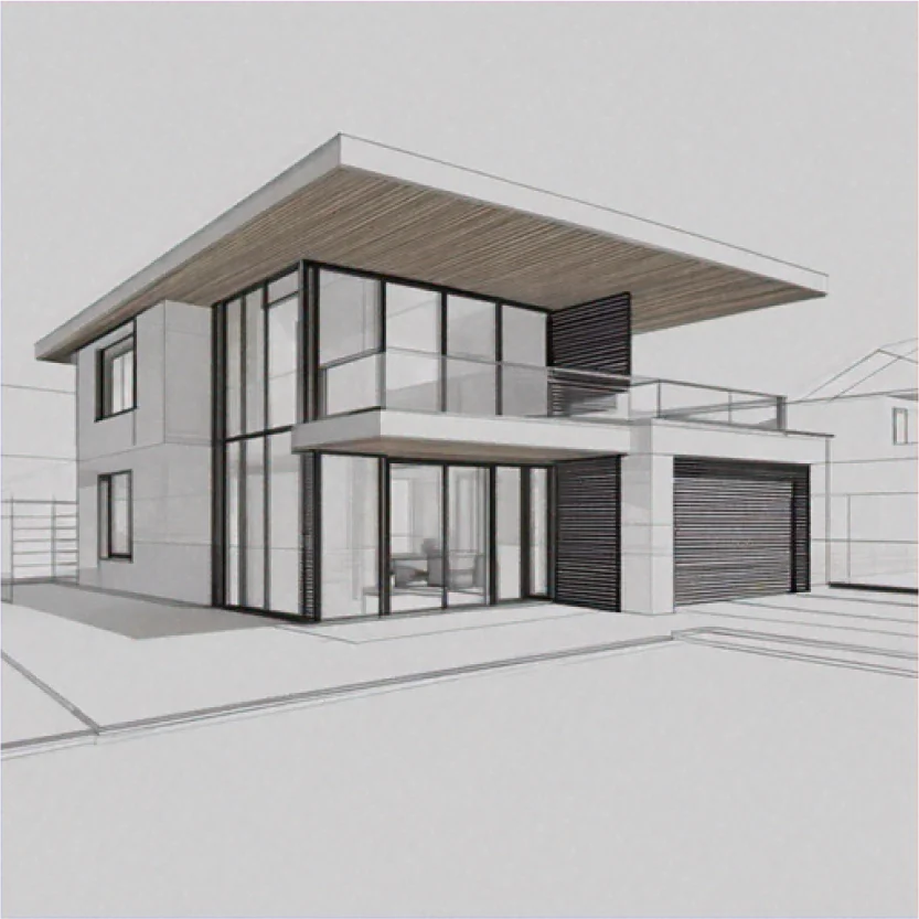 Rendu 3D architectural d'une maison contemporaine à étage avec toiture débordante, bardage bois et larges baies vitrées