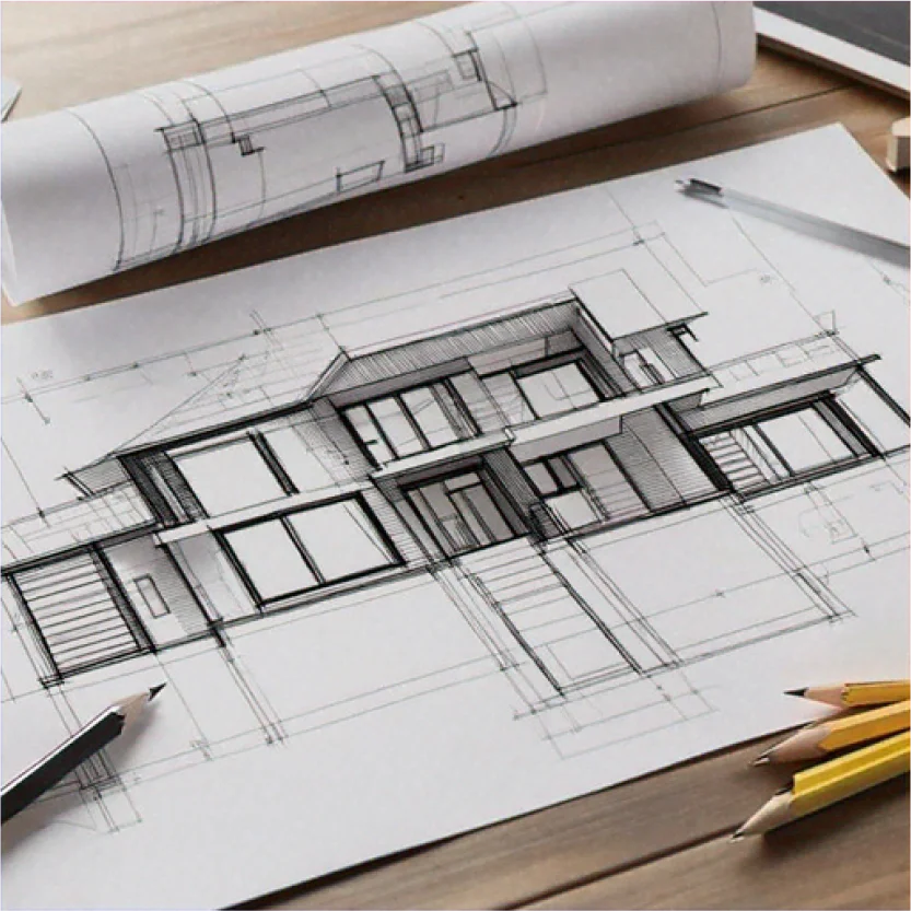 Plan architectural dessiné à la main en perspective avec crayons, stylo et plans roulés sur table de travail