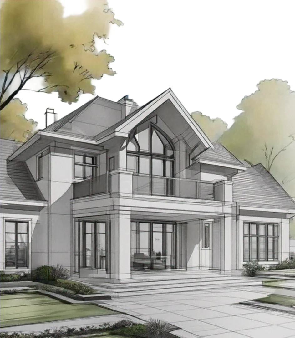 Illustration architecturale aquarellée d'une villa contemporaine avec pignon vitré, terrasse et aménagement paysager