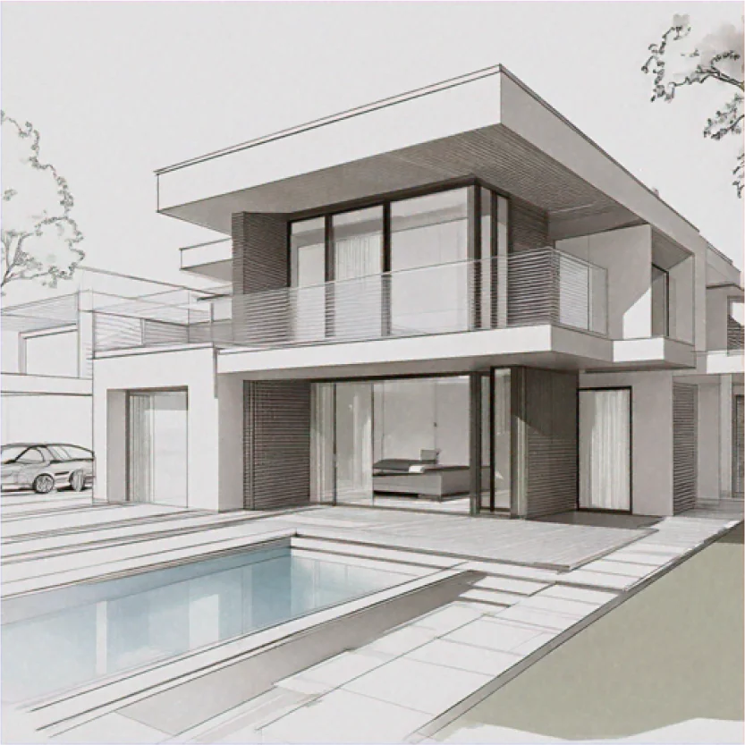 Rendu 3D architectural monochrome d'une villa moderne avec toiture plate, bardage à lames, grandes baies vitrées et piscine