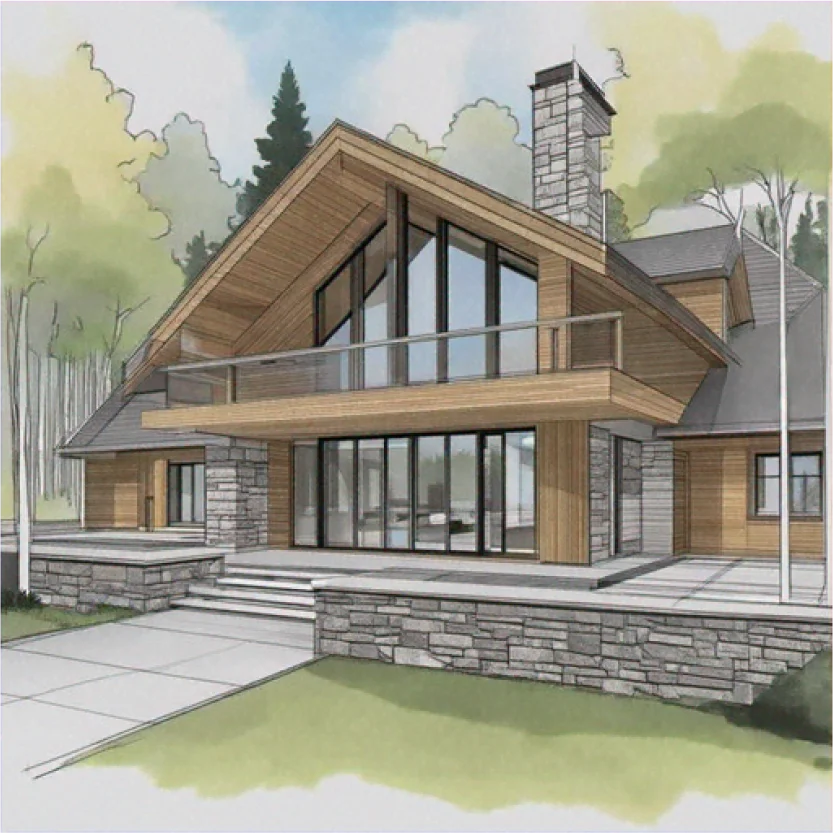 Dessin architectural d'une maison contemporaine en bois avec bardage, grandes baies vitrées, terrasse et cheminée en pierre