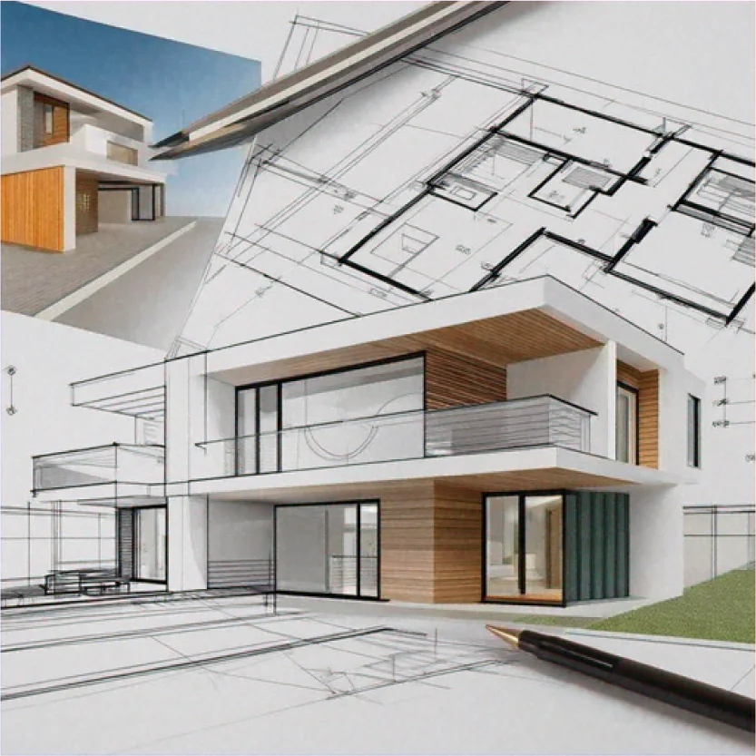 Composition montrant transition du dessin architectural aux plans techniques et rendu 3D d'une maison contemporaine